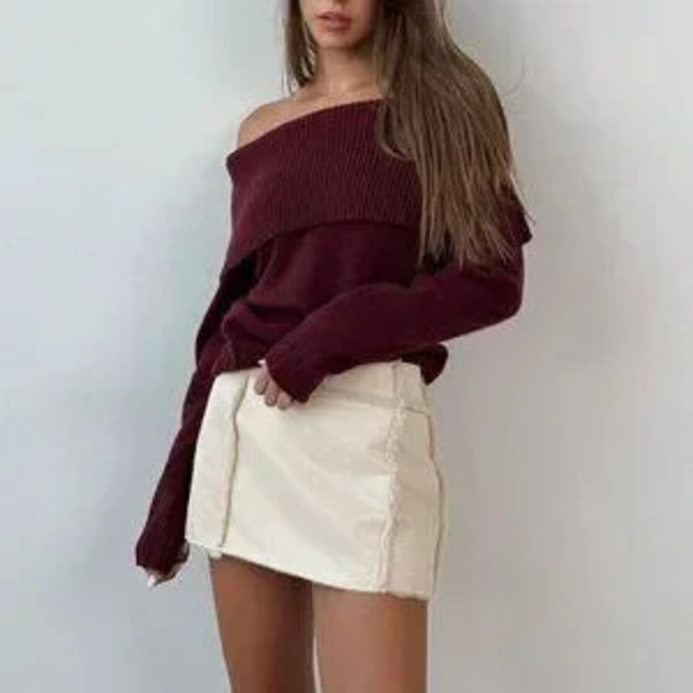 ZARA Burgundy Casual Women's Off-Shoulder Long-Sleeved Knitted Sweater